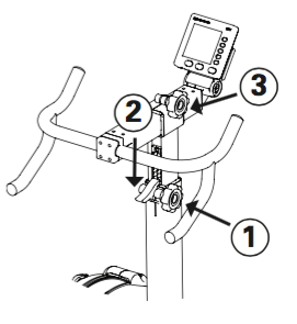 The handlebar height adjustment knob is at the base of the handlebar post on the right-hand side. Loosen that first, then push down on the ratchet lever. The ratchet lever is also at the base of the handlebar post, on the side that faces toward the BikeErg seat. The handlebar front/back adjustment knob is located along the horizontal arm that holds the monitor.